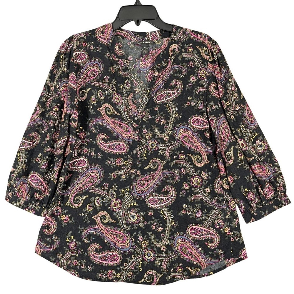 Lucky Brand Flowy Paisley Festival Top Size M Blouse 3/4 Sleeve Hippie Boho Folk